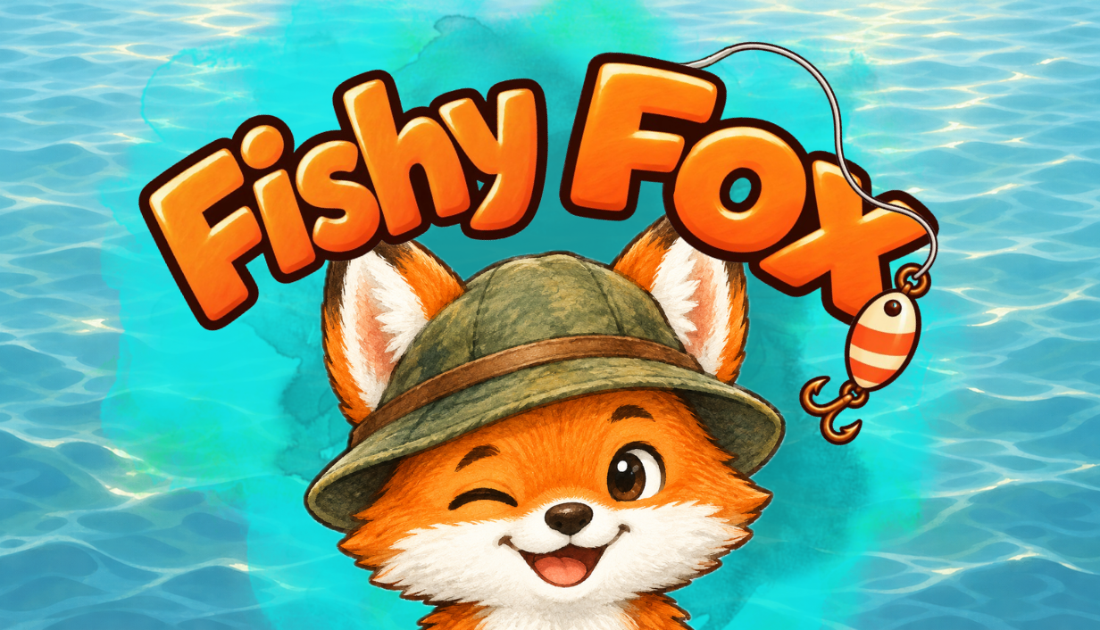 A smiling orange fox in a fishing hat beneath the Fishy Fox logo, surrounded by turquoise water
